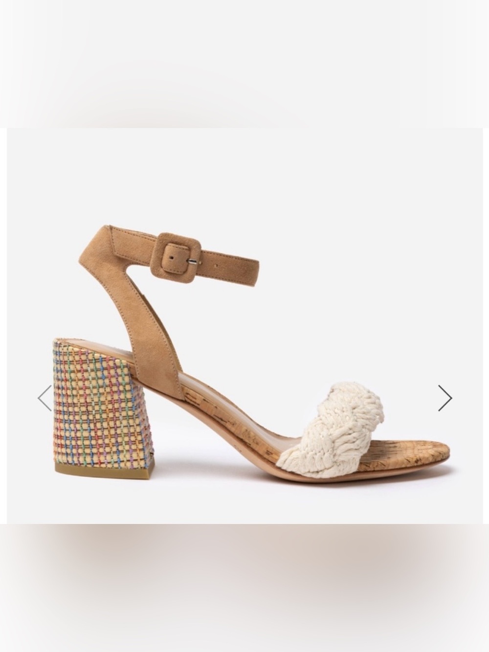 Suede Ankle-Strap Block Heel Sandals in Tan and Cream